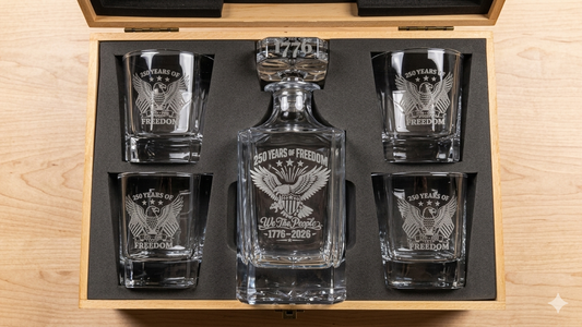 250 Years Square Decanter Set w/4 Whiskey Rock Glasses